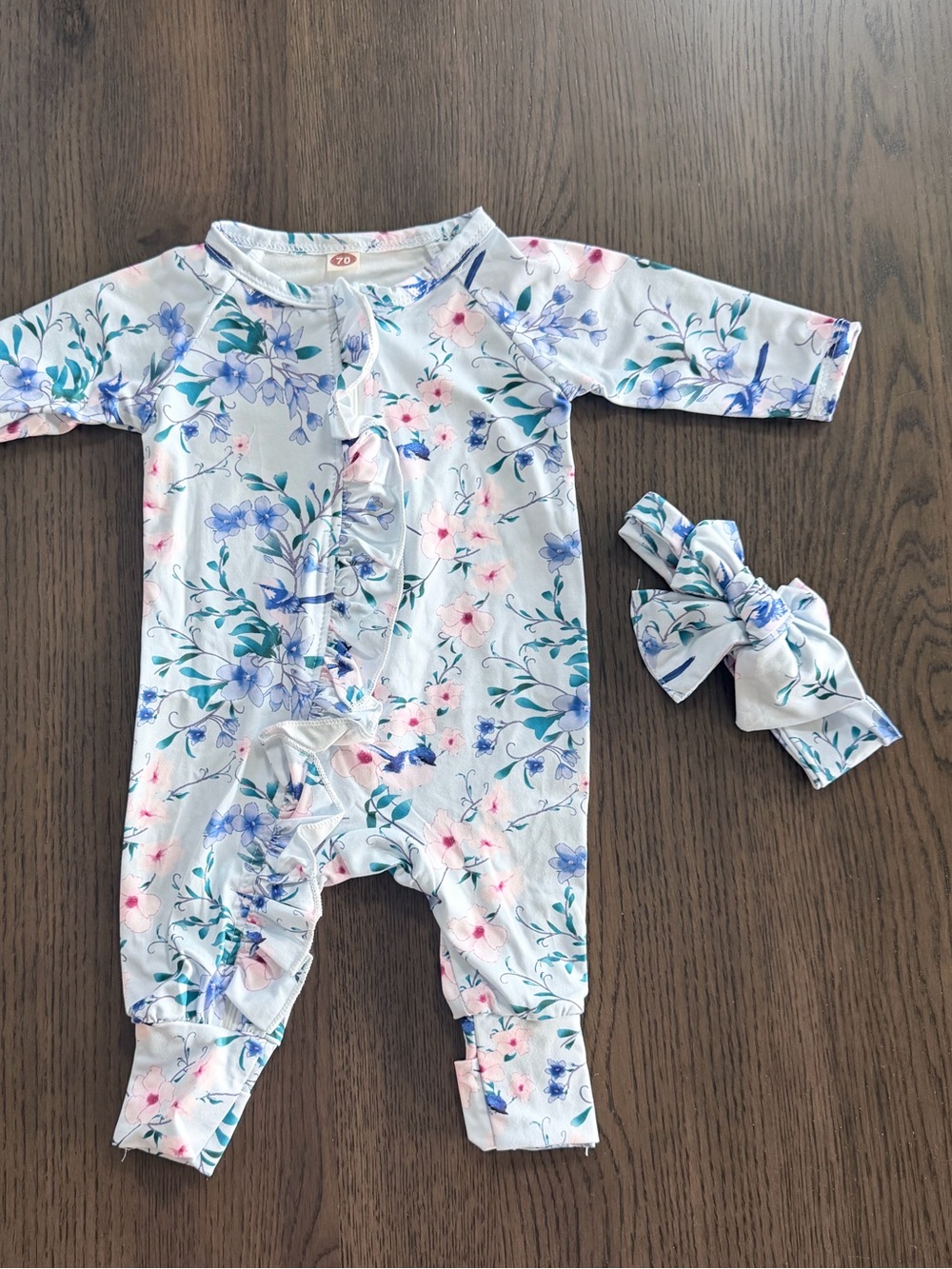 NWOT 6-12 Months Floral Ruffle Baby One-Piece with Headband - White & Blue